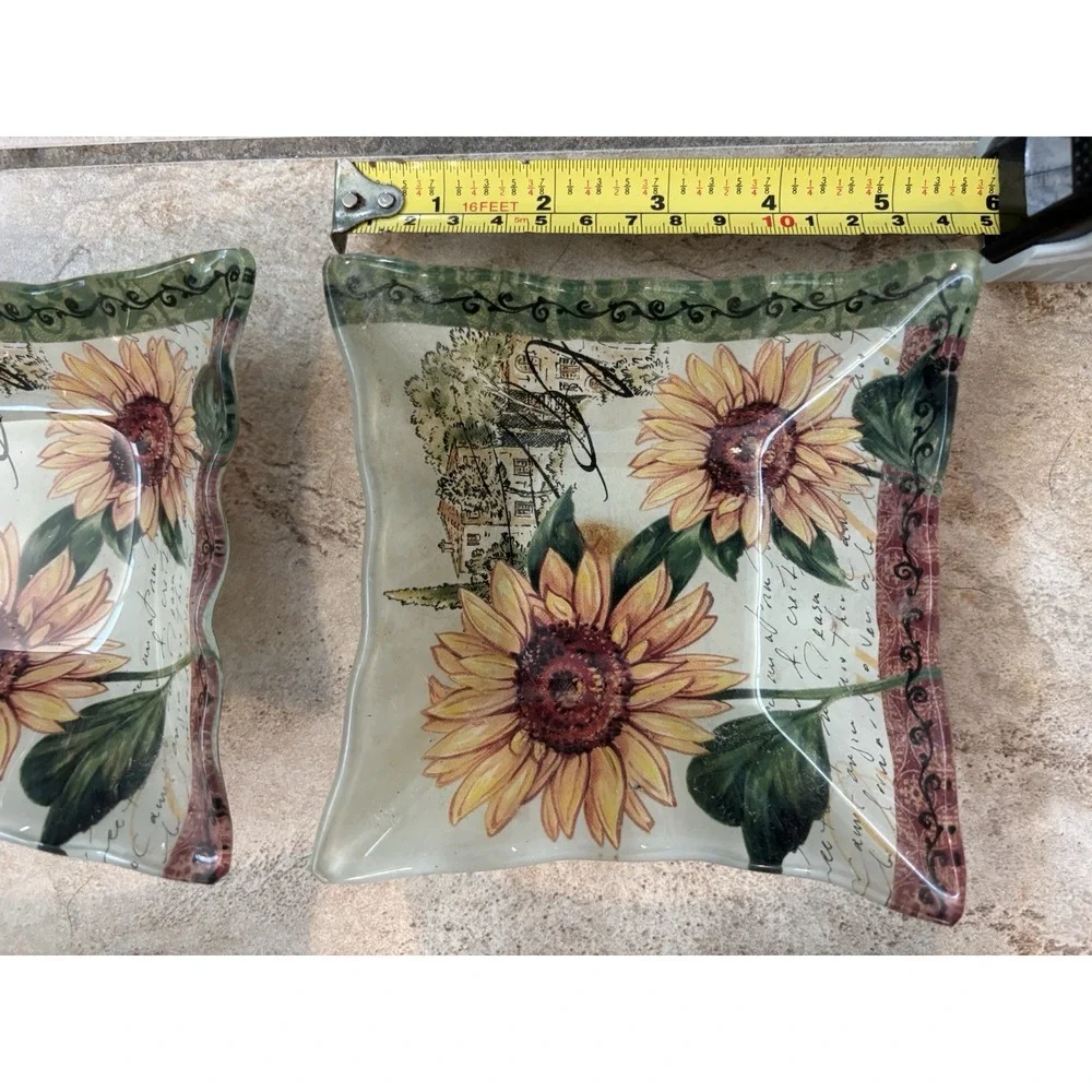 Prima Design Sunflower Glass Appetizer Plates Bowls Set 4 Wavy Square 6 Floral